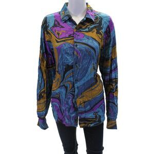 Double Rainbouu Womens Printed Button Down Shirt Blue Honey Pot Brown Size Small